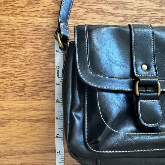 Black Faux Leather Crossbody Bag Gold Accents White Stitching and Wallet Classic - Picture 9 of 9